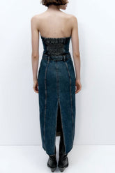 Robe longue vintage en jean délavé, sans bretelles, fendue dans le dos et à demi-boutons - Bleu